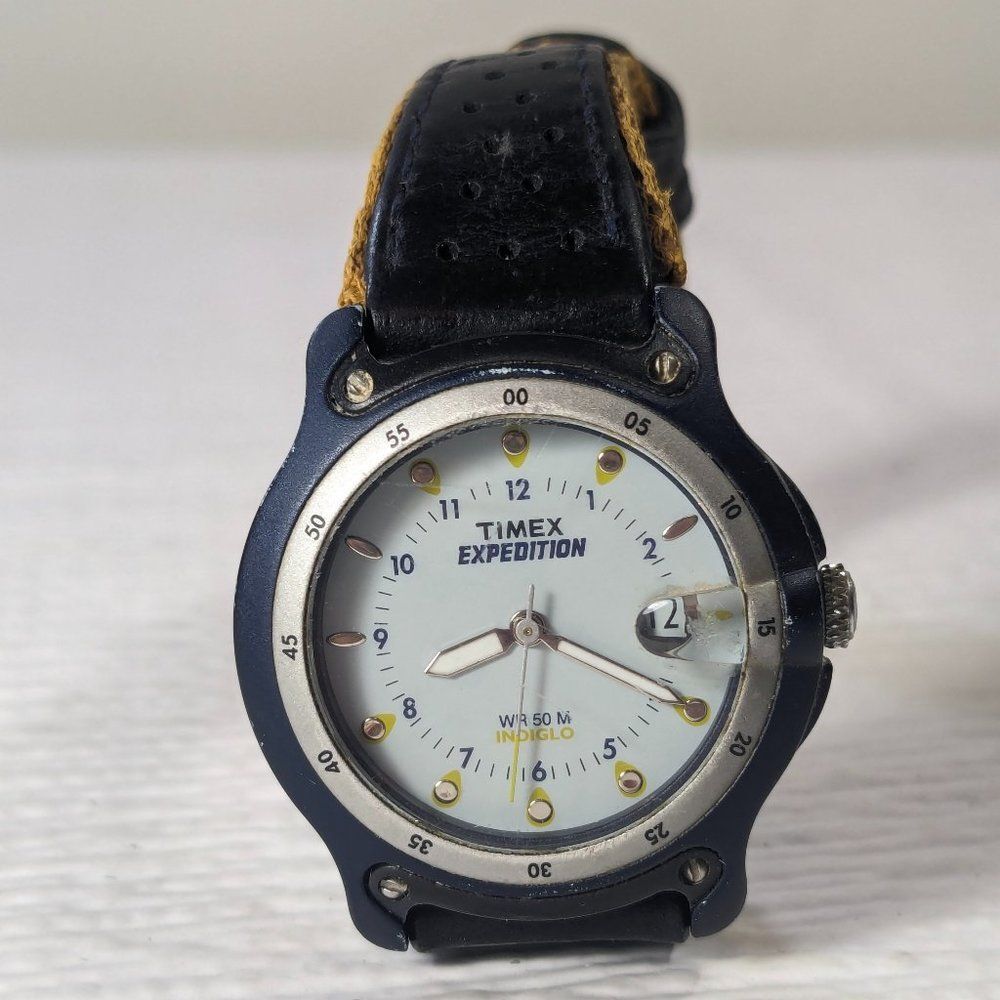 Timex Expedition Watch black Leather Band 50M w/ Date wristwatch white face READ